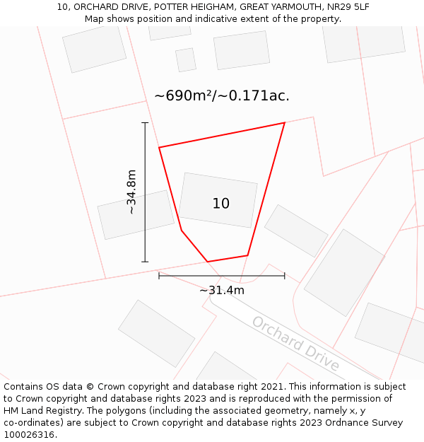 10, ORCHARD DRIVE, POTTER HEIGHAM, GREAT YARMOUTH, NR29 5LF: Plot and title map