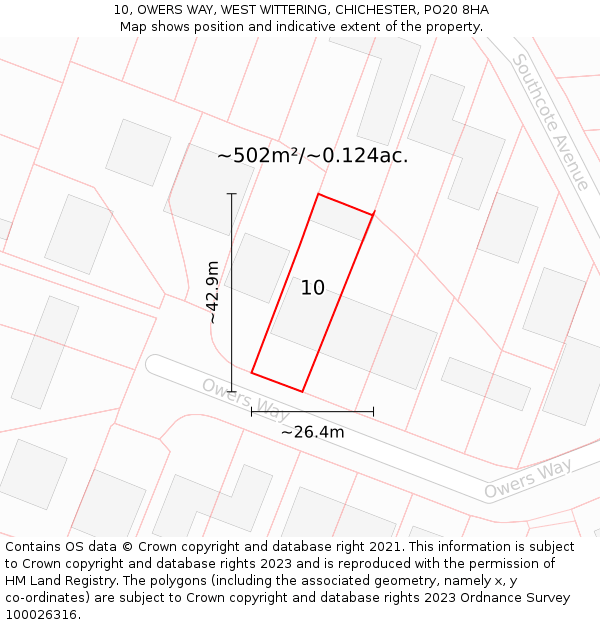 10, OWERS WAY, WEST WITTERING, CHICHESTER, PO20 8HA: Plot and title map