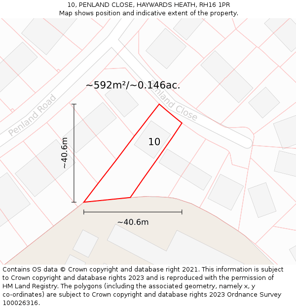 10, PENLAND CLOSE, HAYWARDS HEATH, RH16 1PR: Plot and title map