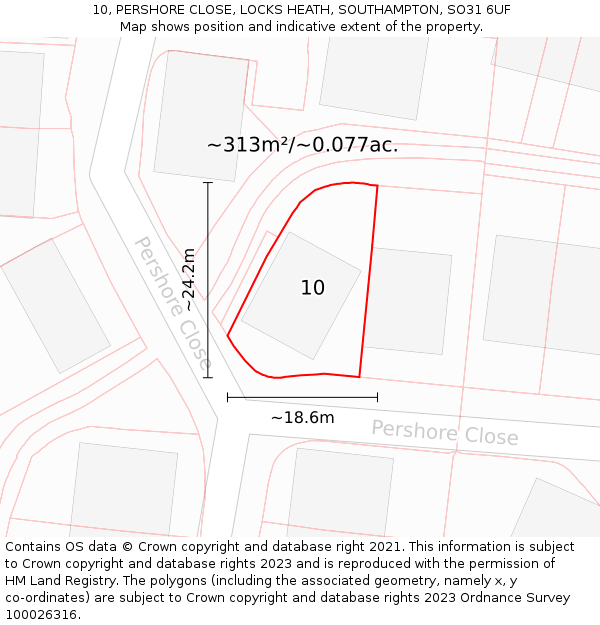 10, PERSHORE CLOSE, LOCKS HEATH, SOUTHAMPTON, SO31 6UF: Plot and title map