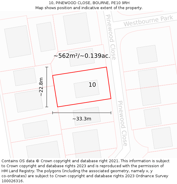 10, PINEWOOD CLOSE, BOURNE, PE10 9RH: Plot and title map