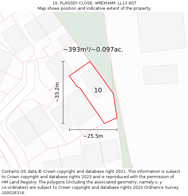 10, PLASSEY CLOSE, WREXHAM, LL13 9GT: Plot and title map