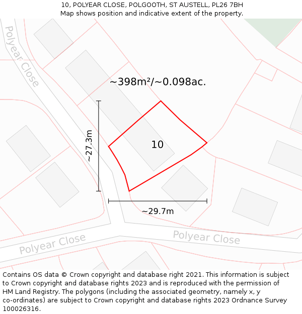 10, POLYEAR CLOSE, POLGOOTH, ST AUSTELL, PL26 7BH: Plot and title map