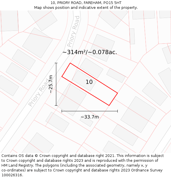10, PRIORY ROAD, FAREHAM, PO15 5HT: Plot and title map