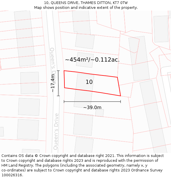 10, QUEENS DRIVE, THAMES DITTON, KT7 0TW: Plot and title map