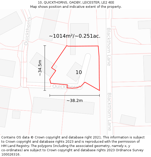 10, QUICKTHORNS, OADBY, LEICESTER, LE2 4EE: Plot and title map