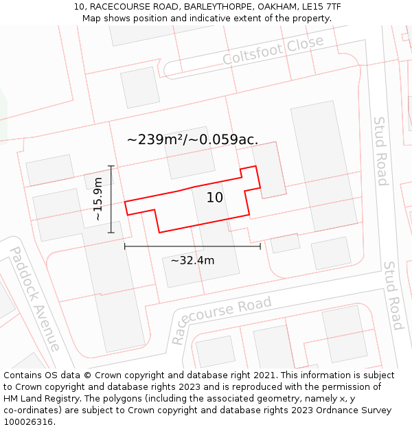 10, RACECOURSE ROAD, BARLEYTHORPE, OAKHAM, LE15 7TF: Plot and title map