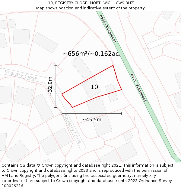 10, REGISTRY CLOSE, NORTHWICH, CW9 8UZ: Plot and title map