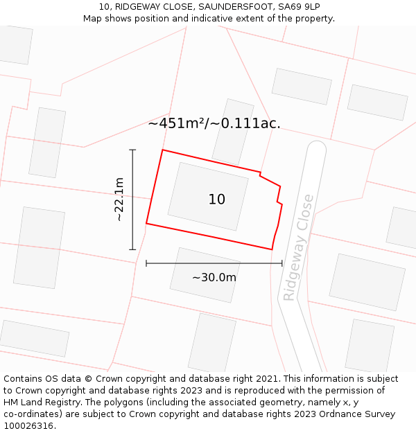 10, RIDGEWAY CLOSE, SAUNDERSFOOT, SA69 9LP: Plot and title map