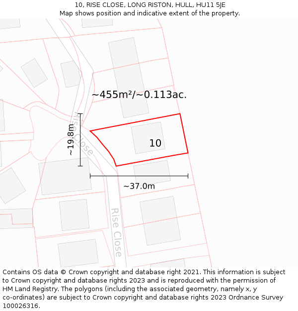 10, RISE CLOSE, LONG RISTON, HULL, HU11 5JE: Plot and title map