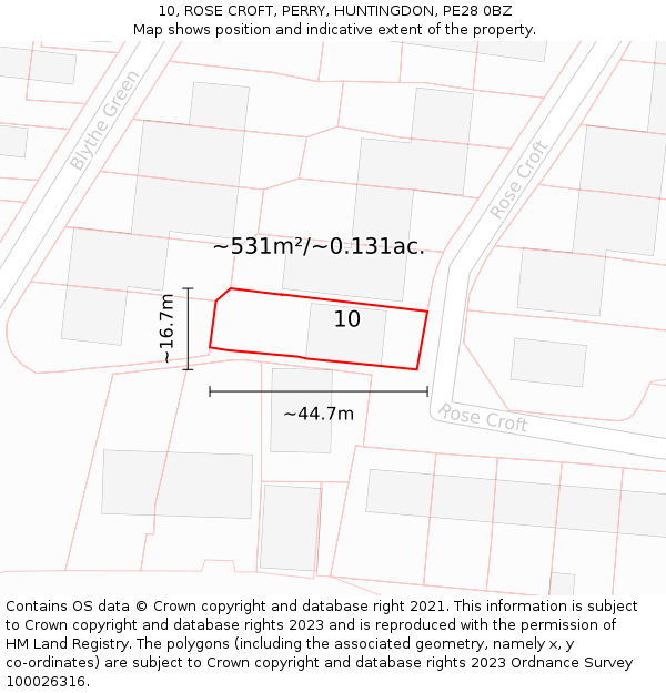 10, ROSE CROFT, PERRY, HUNTINGDON, PE28 0BZ: Plot and title map