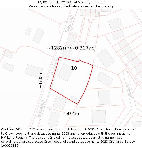 10, ROSE HILL, MYLOR, FALMOUTH, TR11 5LZ: Plot and title map