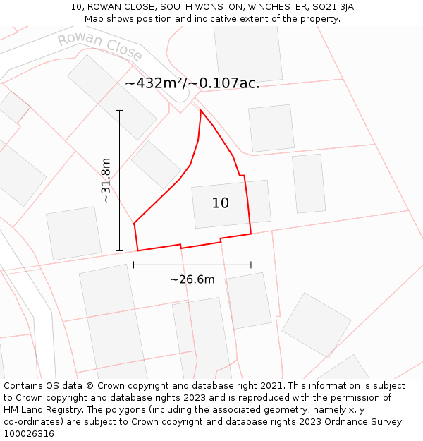 10, ROWAN CLOSE, SOUTH WONSTON, WINCHESTER, SO21 3JA: Plot and title map