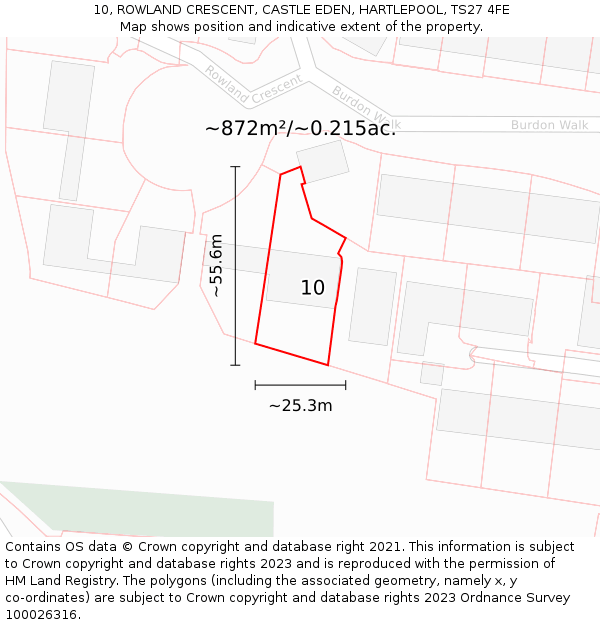 10, ROWLAND CRESCENT, CASTLE EDEN, HARTLEPOOL, TS27 4FE: Plot and title map