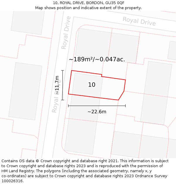 10, ROYAL DRIVE, BORDON, GU35 0QF: Plot and title map