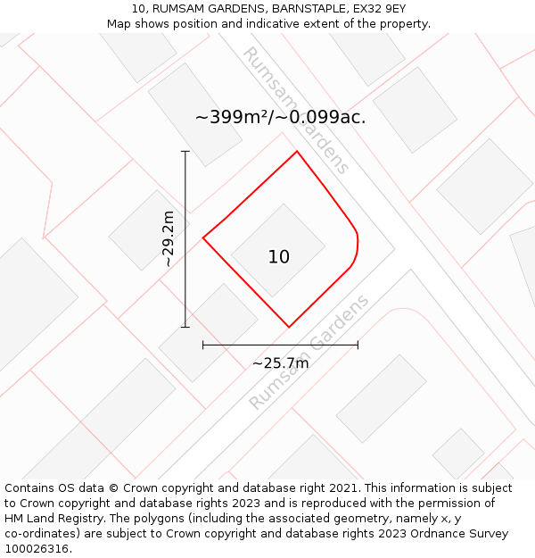 10, RUMSAM GARDENS, BARNSTAPLE, EX32 9EY: Plot and title map