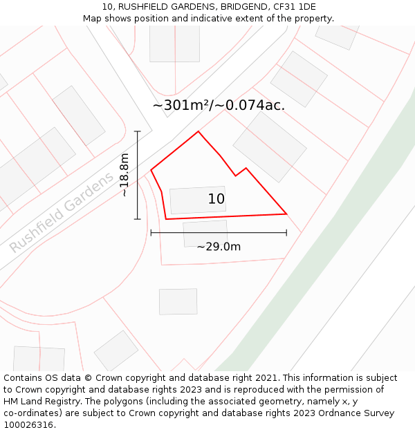 10, RUSHFIELD GARDENS, BRIDGEND, CF31 1DE: Plot and title map