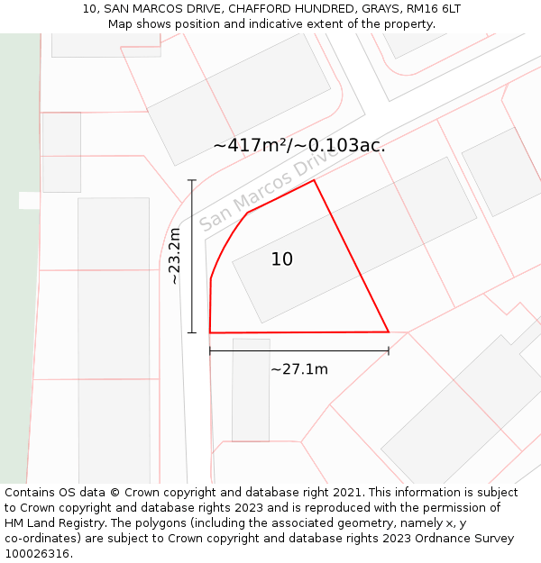 10, SAN MARCOS DRIVE, CHAFFORD HUNDRED, GRAYS, RM16 6LT: Plot and title map