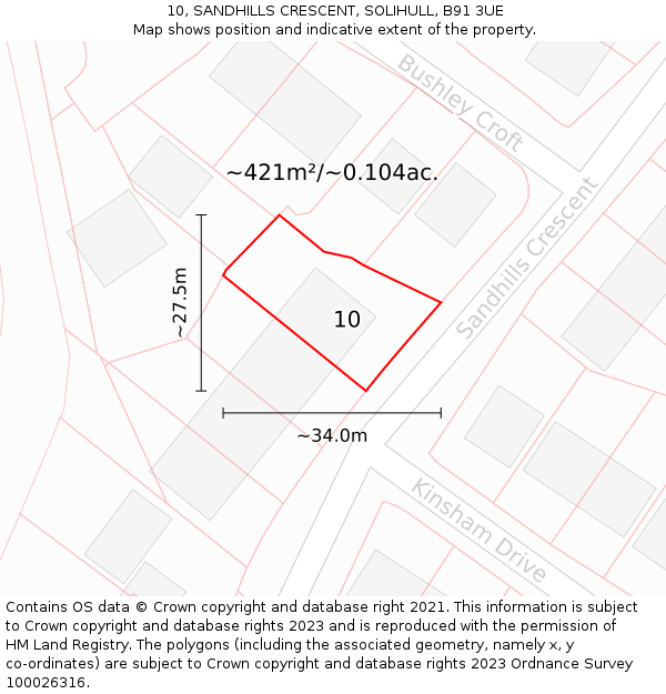 10, SANDHILLS CRESCENT, SOLIHULL, B91 3UE: Plot and title map