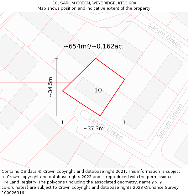 10, SARUM GREEN, WEYBRIDGE, KT13 9RX: Plot and title map