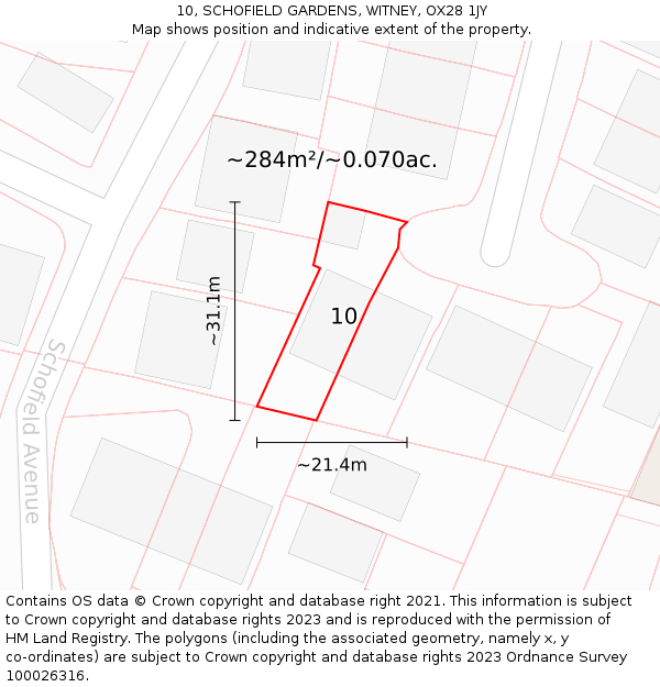 10, SCHOFIELD GARDENS, WITNEY, OX28 1JY: Plot and title map