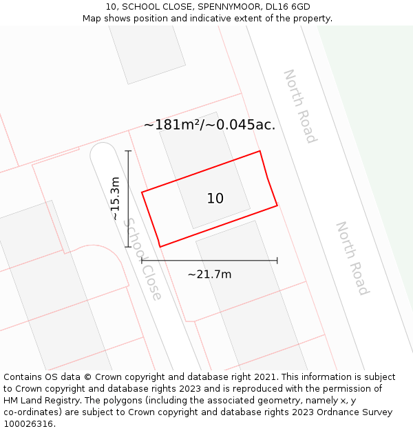 10, SCHOOL CLOSE, SPENNYMOOR, DL16 6GD: Plot and title map