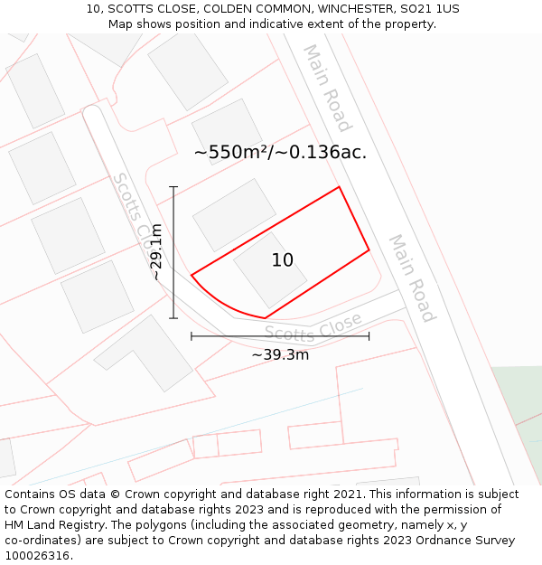 10, SCOTTS CLOSE, COLDEN COMMON, WINCHESTER, SO21 1US: Plot and title map