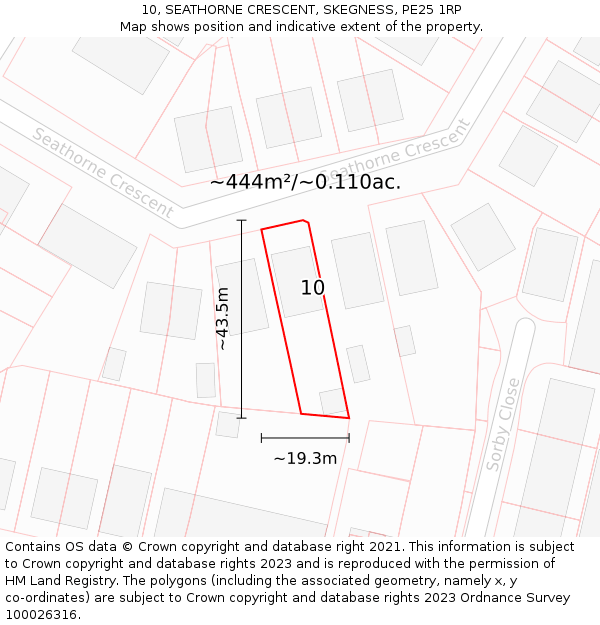 10, SEATHORNE CRESCENT, SKEGNESS, PE25 1RP: Plot and title map