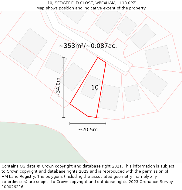 10, SEDGEFIELD CLOSE, WREXHAM, LL13 0PZ: Plot and title map