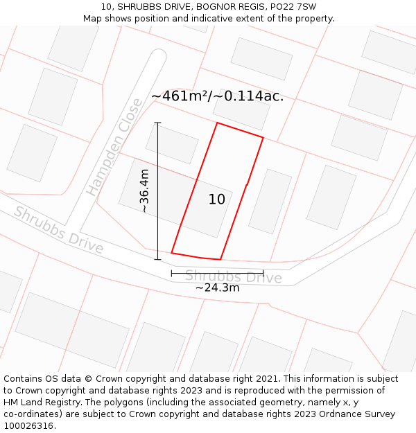 10, SHRUBBS DRIVE, BOGNOR REGIS, PO22 7SW: Plot and title map