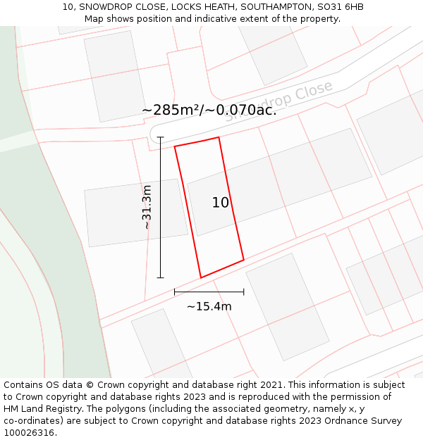 10, SNOWDROP CLOSE, LOCKS HEATH, SOUTHAMPTON, SO31 6HB: Plot and title map