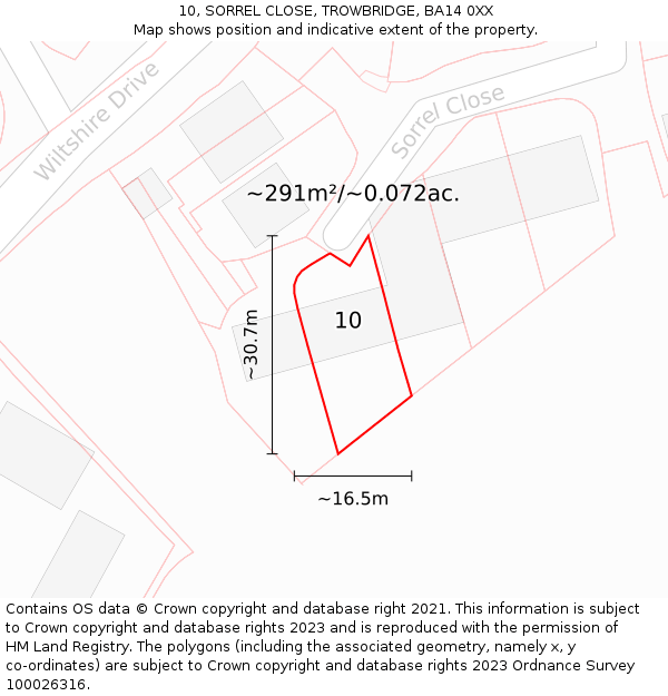 10, SORREL CLOSE, TROWBRIDGE, BA14 0XX: Plot and title map