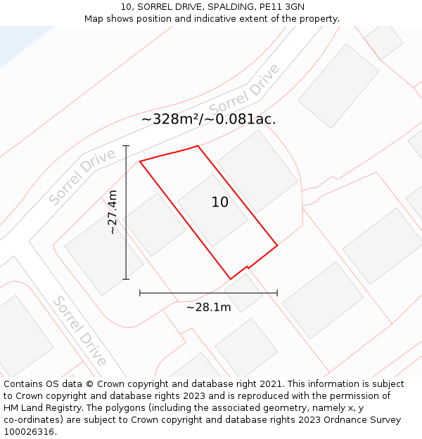 10, SORREL DRIVE, SPALDING, PE11 3GN: Plot and title map