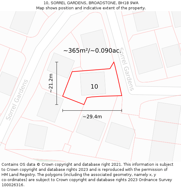 10, SORREL GARDENS, BROADSTONE, BH18 9WA: Plot and title map