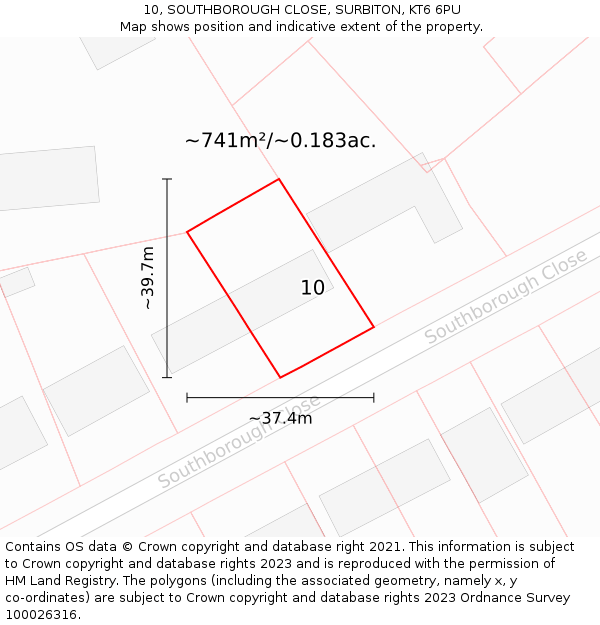 10, SOUTHBOROUGH CLOSE, SURBITON, KT6 6PU: Plot and title map