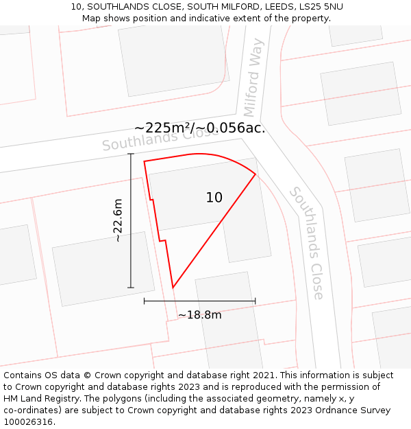 10, SOUTHLANDS CLOSE, SOUTH MILFORD, LEEDS, LS25 5NU: Plot and title map