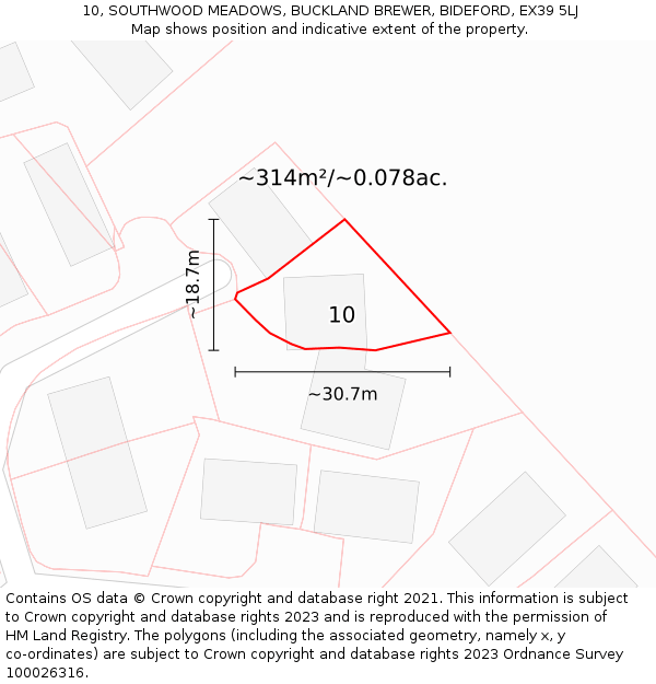 10, SOUTHWOOD MEADOWS, BUCKLAND BREWER, BIDEFORD, EX39 5LJ: Plot and title map