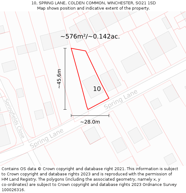 10, SPRING LANE, COLDEN COMMON, WINCHESTER, SO21 1SD: Plot and title map