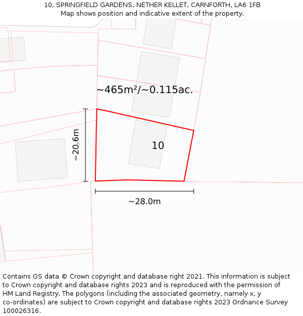 10, SPRINGFIELD GARDENS, NETHER KELLET, CARNFORTH, LA6 1FB: Plot and title map