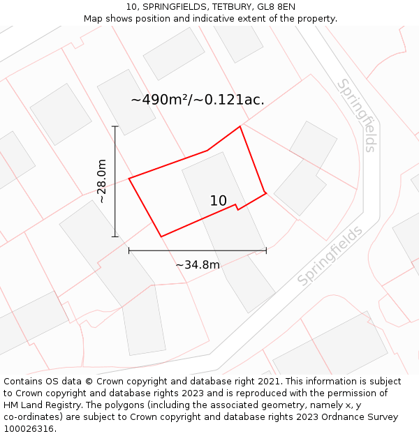 10, SPRINGFIELDS, TETBURY, GL8 8EN: Plot and title map