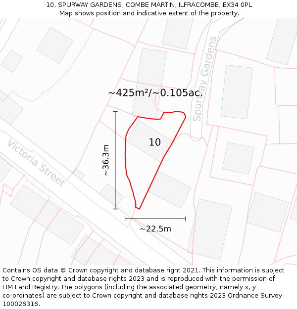 10, SPURWAY GARDENS, COMBE MARTIN, ILFRACOMBE, EX34 0PL: Plot and title map