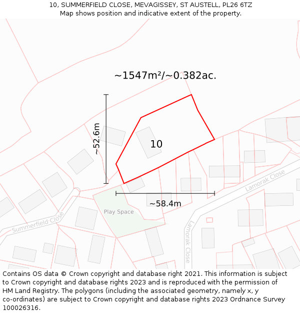 10, SUMMERFIELD CLOSE, MEVAGISSEY, ST AUSTELL, PL26 6TZ: Plot and title map