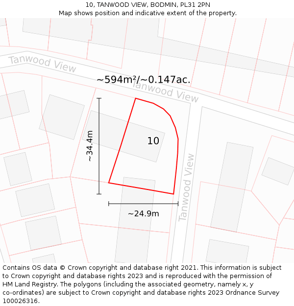 10, TANWOOD VIEW, BODMIN, PL31 2PN: Plot and title map