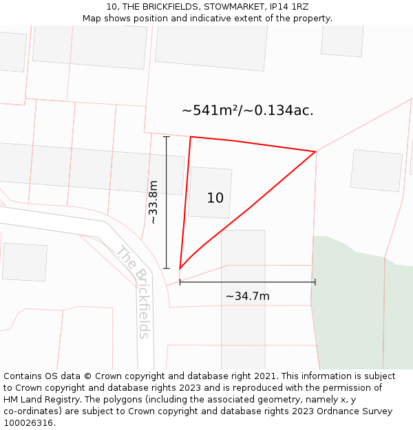 10, THE BRICKFIELDS, STOWMARKET, IP14 1RZ: Plot and title map