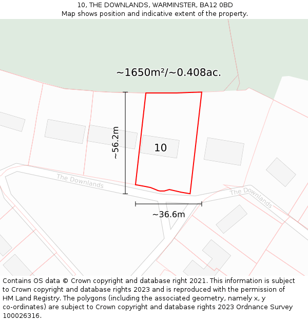 10, THE DOWNLANDS, WARMINSTER, BA12 0BD: Plot and title map