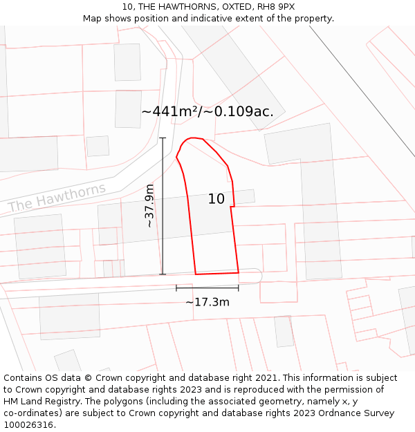 10, THE HAWTHORNS, OXTED, RH8 9PX: Plot and title map