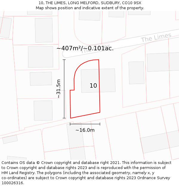 10, THE LIMES, LONG MELFORD, SUDBURY, CO10 9SX: Plot and title map