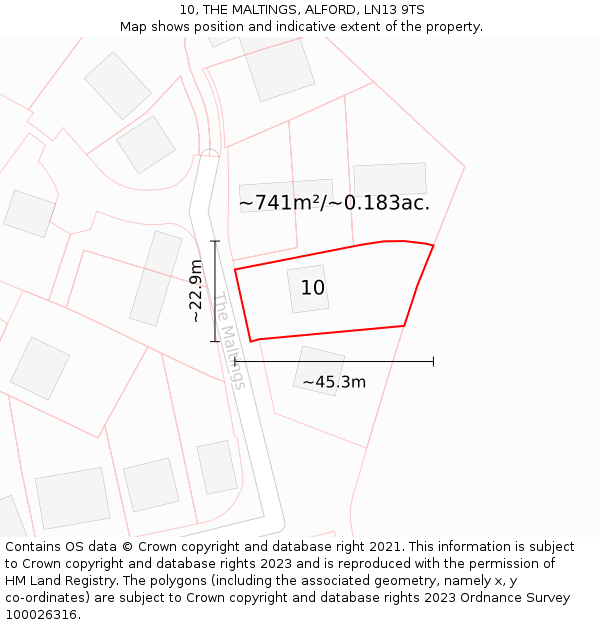 10, THE MALTINGS, ALFORD, LN13 9TS: Plot and title map