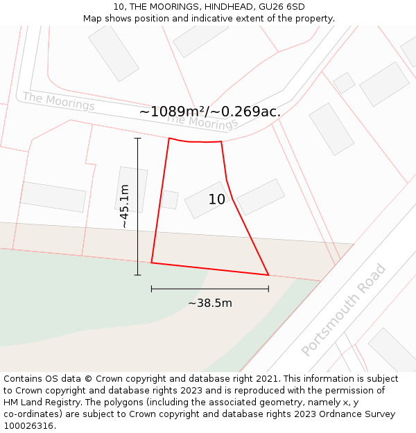 10, THE MOORINGS, HINDHEAD, GU26 6SD: Plot and title map