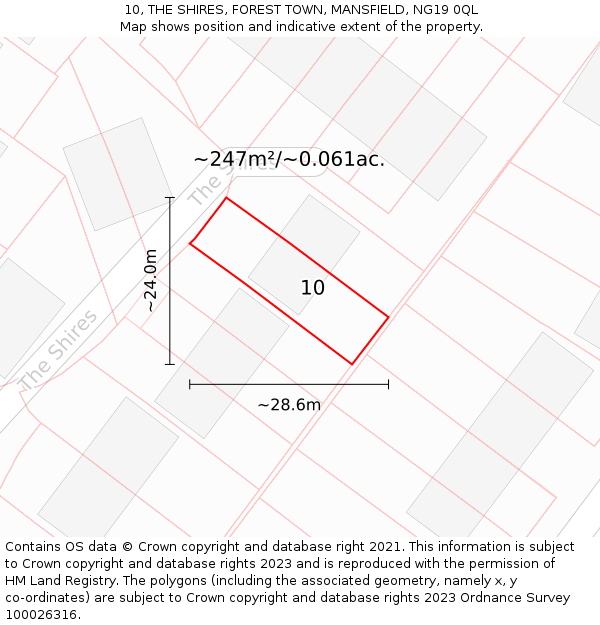 10, THE SHIRES, FOREST TOWN, MANSFIELD, NG19 0QL: Plot and title map